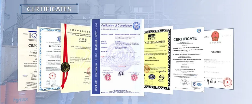 Certificates of insulating oil purifier Certificates of insulating oil purifier